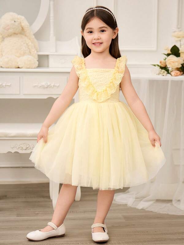 SHEIN Glamorique Kids Flower Girl Princess Dress For Young Girl Birthday Party Wedding Holiday Lace Floral Sleeveless Tulle Puffy Dress, Suitable For Middle East & European, All Season Princess Dress For Girls Young Girls Dresses Classy Girl Dresses For Girls