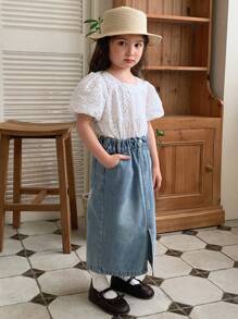 DAZY Set de 2 piezas de parte superior de manga corta con cuello y pantalones vaqueros para niñas, para verano - Blanco - Ver 2