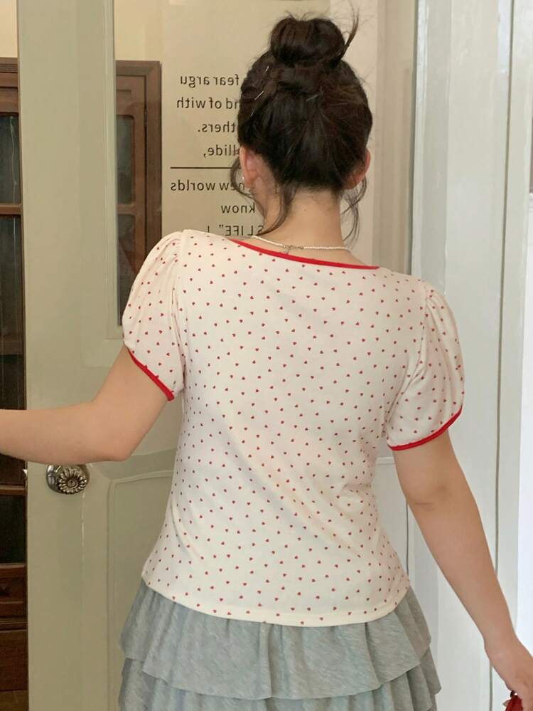 Dazy Plus Plus Size Color Block Lace-Up Round Neck Tiny Heart & Floral Print Fitted Casual T-Shirt For Young Girls Cute Tops