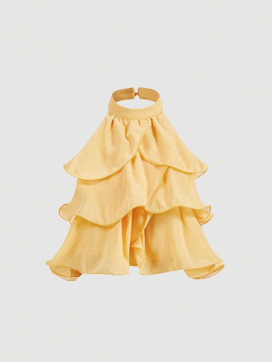 SHEIN MOD Yellow Multi-Layered Ruffle Crop Top,Cute Tops,Tube Tops Women,Elegant Shape,Backless Top,New Years Top,Party Tops Women,Off The Shoulder Top,Women's Casual Front Button Wide Strap Minimalist Blouse For Everyday Wear,Vintage Outfits, Women Clothes, Look Valentine's Day - Yellow - View 1