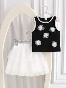 SHEIN 2pcs/Set Young Girl Fashion Contrast Color 3D Floral Decor Sleeveless Round Neck Top And Mesh Skirt Set, Versatile For Daily Wear And Outdoor Vacation, Spring/Summer  Holiday  Travel  Summer  Relax