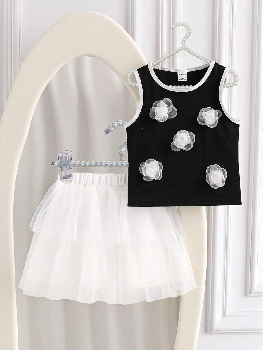 SHEIN 2pcs/Set Young Girl Fashion Contrast Color 3D Floral Decor Sleeveless Round Neck Top And Mesh Skirt Set, Versatile For Daily Wear And Outdoor Vacation, Spring/Summer  Holiday  Travel  Summer  Relax