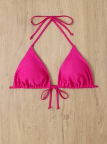 Swim Lushoire 大碼褶邊掛脖比基尼上衣 - 玫紅色 - 查看 5