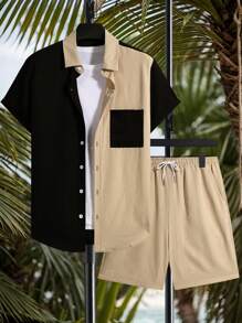 Horizaway Conjunto casual de camisa de manga corta con botones y pantalones cortos de color contrastante para hombres, con pantalones cortos de natación, trajes para deportes al aire libre, trajes para vacaciones, estilo hawaiano