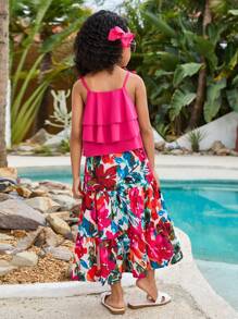 Set de 2 piezas para niñas pequeñas: Top tipo camisola con tirantes de moño + Falda larga de flores para vacaciones en la playa, color rosa