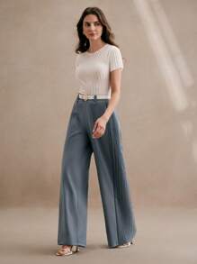 Anewsta Women's Spring/Summer Pleated Elegant City Pants, Loose Leg Old Money, Modest - Blue - View 4