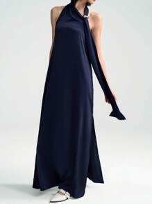 SHEIN Stylify Váy hở lưng bằng vải satin giản dị & sang trọng hở lưng khóa kim loại xẻ tà dài cho nữ - Màu xanh hải quân - Xem 3