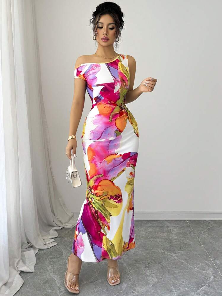 Elenzga 1 pieza Vestido ajustado con estampado floral y cintura ceñida en el hombro oblicuo - Multicolor - Añade 1