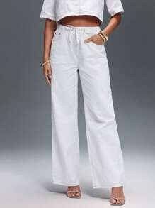 Denimoi Slant Pocket Drawstring Waist Straight Leg Jeans - White - View 1