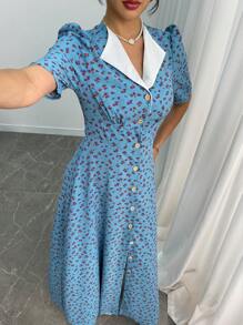 Modelyn Vestido elegante con manga corta de mujer con estampado floral tejido, panel de tela de contraste, botones delanteros y cintura ceñida