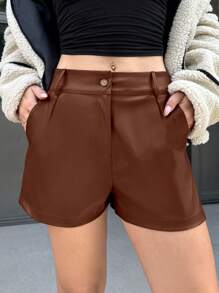 SHEIN Cottnline Women's Solid High Rise PU Shorts Simple Fashionable Daily Casual - Brown - View 4