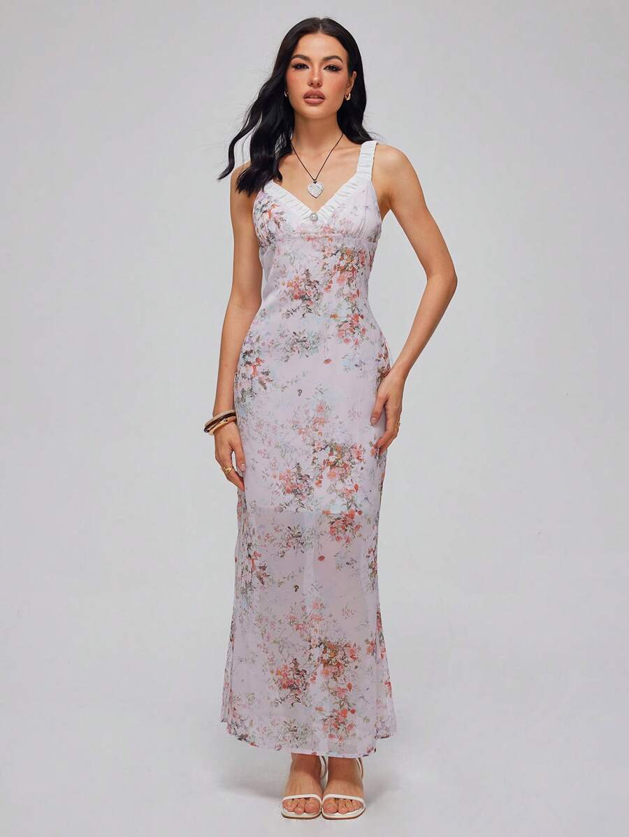 Roylia Robe fourreau moulante à fente et à maille, élégante et sexy avec un motif floral éparpillé - Multicolore - Voir 1