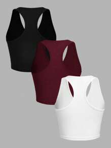 SHEIN EZwear 3 件装黑色、白色、酒红色女士休闲短款修身吊带背心，适合夏季 - 彩色 - 查看 2