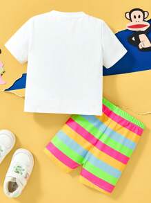 Paul Frank X SHEIN 2 pezzi Set abbigliamento da bambina, maglietta a maniche corte bianca casual con stampa di scimmia e pantaloncini colorati a righe