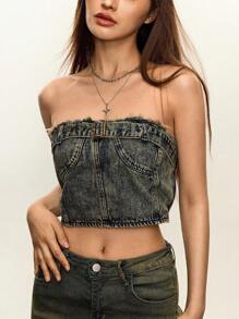 INAWLY Fashionable Washed Frayed Hem Cropped Denim Bustier Top - Dusty Blue - View 7