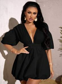 SHEIN SXY Summer Beach Deep V Neck Puff Sleeve Dress - Black - View 6
