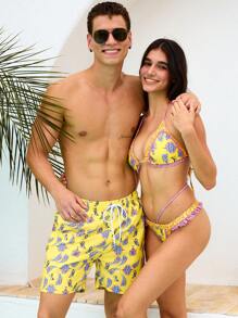 Manfinity VDAYZ Men's Vacation Cashew Print Drawstring Waist Beach Shorts - Yellow - View 1