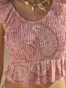 Aralina 波西米亚风节日粗棉布褶饰孔眼荷叶边吊带夏季上衣 - 紅木色 - 查看 3