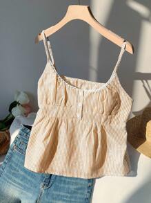 Comfortcana 女式条纹纽扣设计休闲宽松吊带背心 - 黃色 - 查看 3