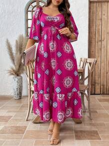 SHEIN LUNE Vestito da vacanza estivo con stampa all-over e orlo con volant, adatto anche per laurea, per taglie comode
