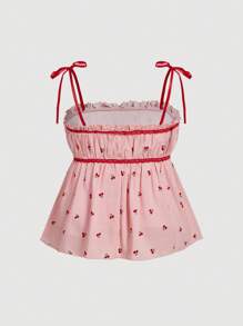 SHEIN MOD Plus Size Women's Cherry Print Ruched Bowknot Camisole Top Summer Clothes Women Summer Shirts Women Summer Sets Women Clothes Women Clothing Summer Outfits - Pink - View 2