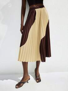 Maija 2025 夏季新款双色褶皱 A 字型女裙，商务休闲日常通勤优雅海滩度假适合婚礼宾客、乡村音乐节、早餐/机场、复古 90 年代斯堪的纳维亚美式风格 - 彩色 - 查看 4