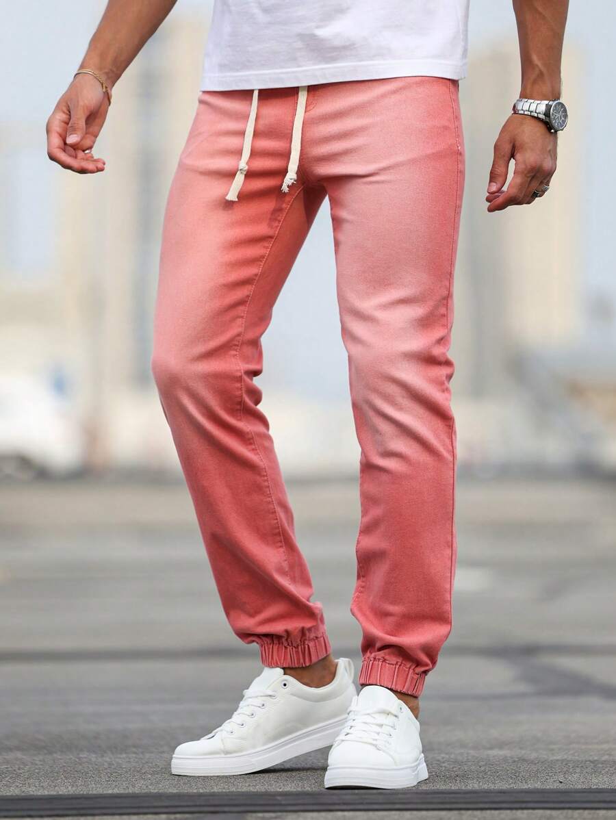 Manfinity Homme Men's Casual Washed Drawstring Waist Tapered Leg Jeans - Pink - View 1