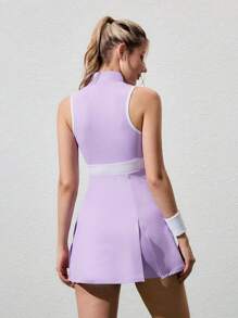 CourtClass Women's Contrast Color Collar Half Zipper Sleeveless Sports Mini Dress, Summer - Purple - View 5