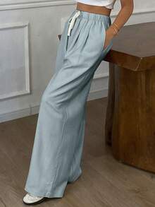 DAZY Solid Color Loose Straight Leg Pants With Elastic Waist And Drawstring, Casual Ladies Summer Long Trousers - Blue - View 4