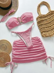 SHEIN Swim 3pcs Women Summer Beach Vacation Solid Color Textured Fabric Gold-Color Asymmetrical Ring Decor Halter Bandeau Top And Thong Bikini Bottoms With Half Slip Skirt Swimsuit Set - Pink - View 1