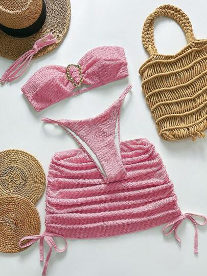 SHEIN Swim 3 件套女士夏季海滩度假纯色纹理面料金色不对称环装饰吊带抹胸上衣和丁字裤比基尼泳裤配半身裙泳衣套装