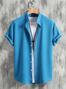 Manfinity Homme Áo sơ mi nam tay ngắn, đơn hàng khuy đơn màu, thường ngày, đi làm, áo sơ mi nam, áo sơ mi nam dáng ôm, áo sơ mi nam thường ngày, áo sơ mi mùa hè cho nam - Xanh đậm - Xem 1