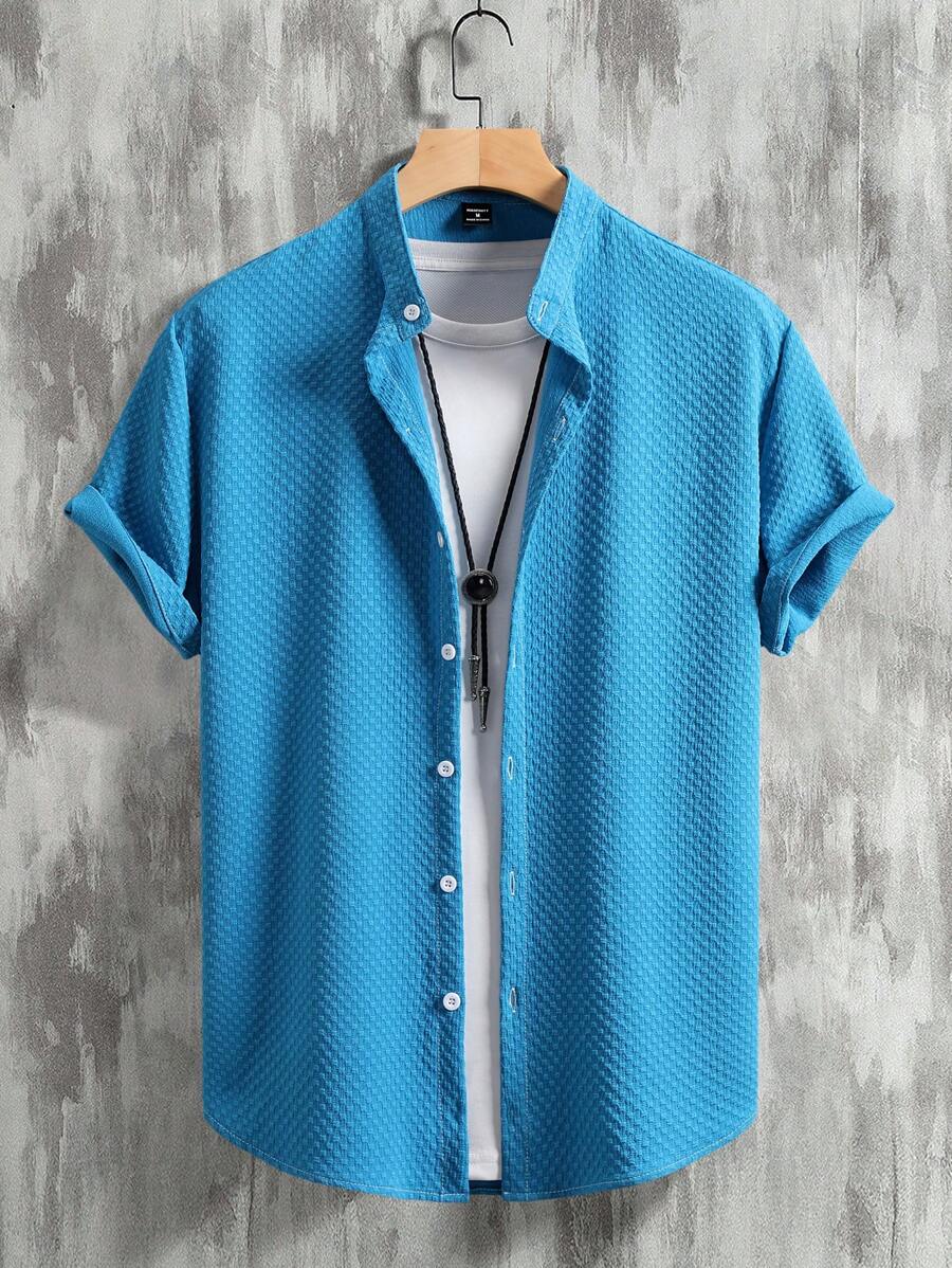 Manfinity Homme Áo sơ mi nam tay ngắn, đơn hàng khuy đơn màu, thường ngày, đi làm, áo sơ mi nam, áo sơ mi nam dáng ôm, áo sơ mi nam thường ngày, áo sơ mi mùa hè cho nam - Xanh đậm - Xem 1