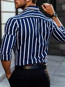 Manfinity Mode Men's Casual Business Style Striped Pattern Stand Collar Button Long Sleeve Shirt. Men's Formal Shirt, Suitable For Daily Wear, Commuting To Work, Going Out, Party, Leisure, Meeting Friends, Can Be Used As A Gift For Friends, Family, Boyfriend, Husband, Father, Fall - Multicolor - View 2