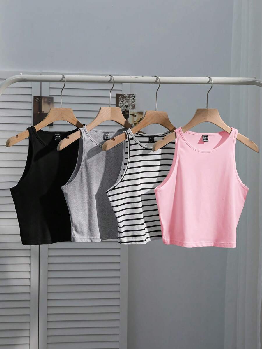 SHEIN EZwear 4件套女士休闲黑白条纹性感修身吊带背心,夏季上衣 - 彩色 - 查看 1