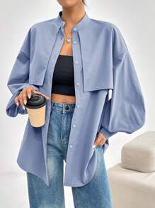 Mulvari Women's Casual Loose Solid Lantern Sleeve Blouse - Blue - View 5