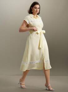 Flouryn 热销女士休闲优雅编织纹理纯色拼布镂空蕾丝花领系腰蝴蝶袖中长宽松连衣裙，加大码，夏季 - 杏色 - 查看 1