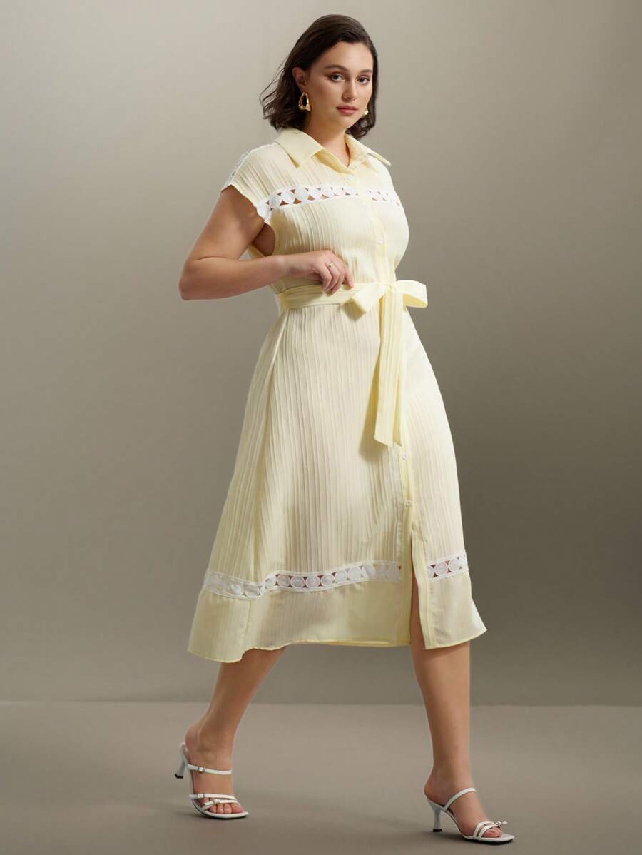 Flouryn 热销女士休闲优雅编织纹理纯色拼布镂空蕾丝花领系腰蝴蝶袖中长宽松连衣裙，加大码，夏季 - 杏色 - 查看 1