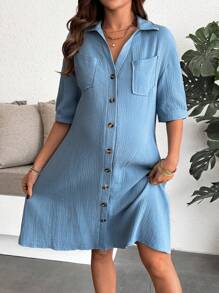 SHEIN Maternity Shirt Collar Button-Up Dress With Pockets, Short Sleeve, 100% Cotton