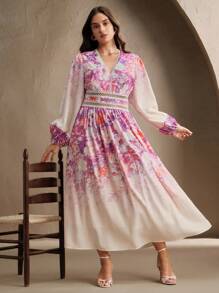 Anewsta Women's Spring/Summer New Lace Patchwork A-Line Long Sleeve Dress, Elegant Vacation Dress - Pink - View 5