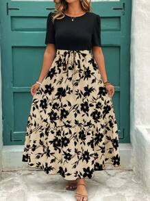 SHEIN Clasi Abito con stampa floreale, orlo arricciato, maniche corte e scollo tondo, per donna in taglie forti. Abito per compleanno, abbigliamento estivo da donna, abito nero, abito da spiaggia, abito floreale da donna, abbigliamento boho da donna, per vacanze