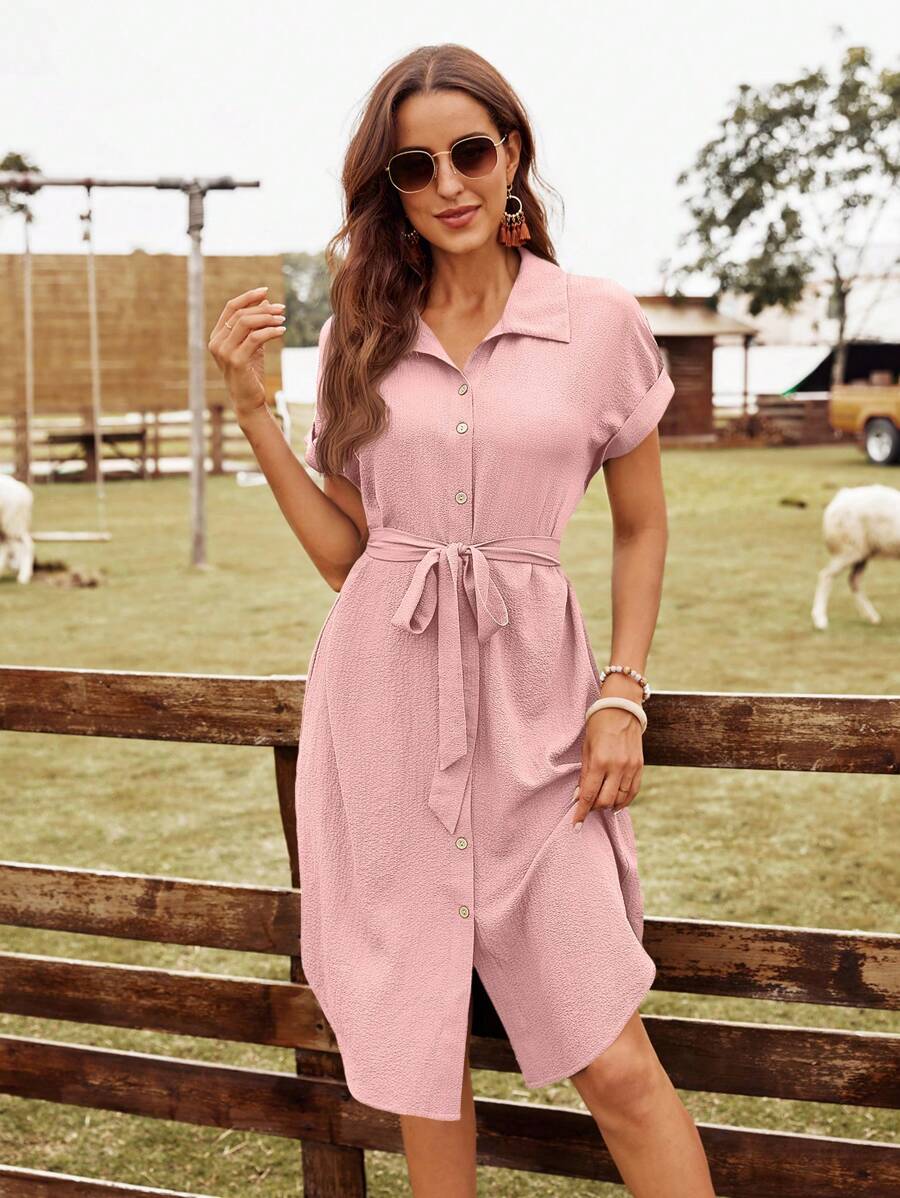 EMERY ROSE Váy sơ mi thường ngày tay cánh dơi màu trơn đơn hàng khuy đơn dành cho nữ - Hồng - Xem 1