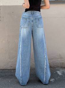 SHEIN ICON Quần Jeans Ống Rộng Rộng Giặt Thường Ngày - Màu xanh lam - Xem 3