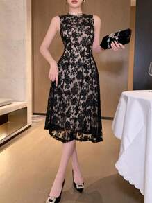 DAZY Lace Round Neck Sleeveless A-Line Pleated Mid-Calf Dress For Women