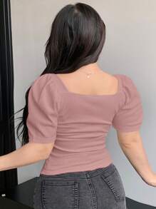 Dazy Plus Camiseta de manga abullonada de unicolor, de ajuste ceñido, con cuello cuadrado estriado, para primavera/verano