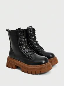 Sugerpunk Women's Dark Gothic Punk Lace-Up Colorblock Motorcycle Boots, Soft Sole Rider Ankle And Ankle Boots - Black - View 4