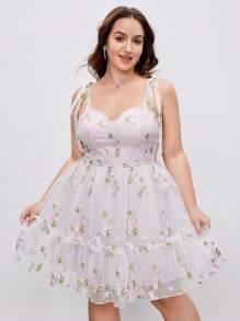SHEIN MOD Váy ngắn hở vai thêu lưới cỡ lớn cho nữ - Hồng - Xem 5