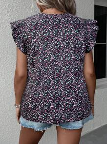 SHEIN Clasi 大码女式V领荷叶边下摆碎花休闲度假衬衫 - 彩色 - 查看 2