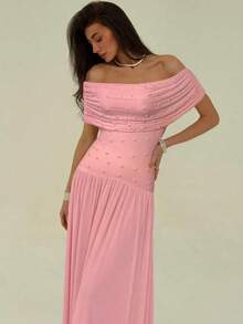 Aloruh Women's Elegant Solid Beaded Off Shoulder Maxi Dress For Summer - Pink - View 5