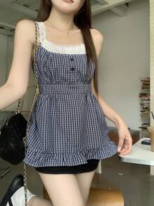 DAZY 女士格子撞色蕾丝边吊带无袖上衣，休闲夏季款